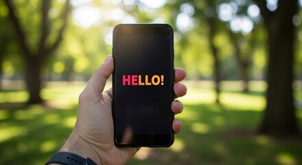 Man holding smartphone with hello text displayed on screen. Mobile technology in outdoor green park setting. Greeting communication concept.