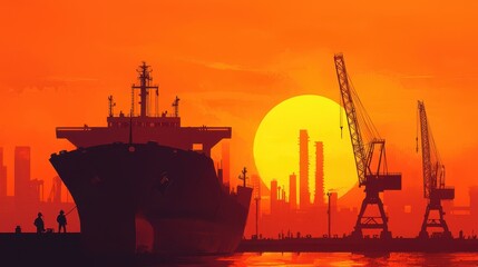 Obraz premium Silhouetted Ship and Cranes Against Stunning Orange Sunset over Urban Landscape at Dusk