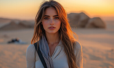 Fototapeta premium Woman with Camera in Desert at Sunset Moment