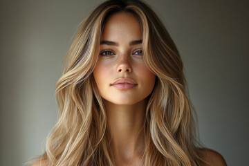 Fototapeta premium Elegant Woman with Long Layered Hair and Soft Blonde Streaks