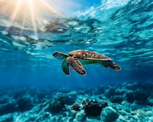 Obraz premium Sea turtle swimming in vibrant coral reef