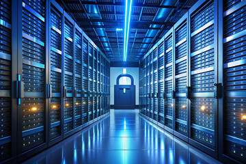Secure Data Center Server Room Corridor with Padlock