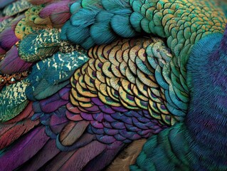Close-up view of intricate peacock feather patterns.