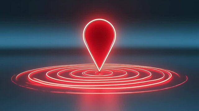 Neon red map pin above digital radar target circle