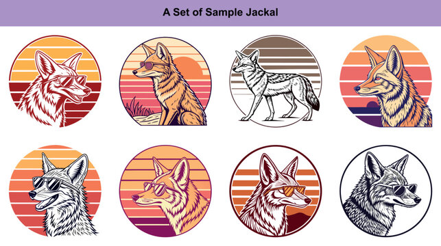 Eight jackals wear sunglasses inside retro sunset circles display unique vintage charm through expressive outlines