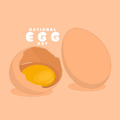 National Egg Day to celebrate on June 3rd. An egg that has been cracked until it shows the egg yolk with a whole round egg on beige background.