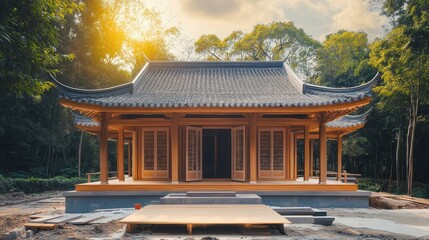 Fototapeta premium A traditional Asian house under construction with a focus on the foundation, surrounded by peaceful and harmonious environment