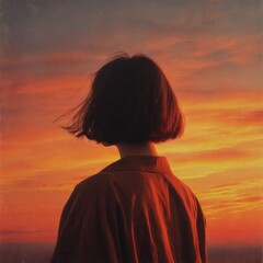 A person with short hair gazes at a vibrant sunset.