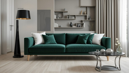 Elegant Green Velvet Sofa in Modern Living Room
