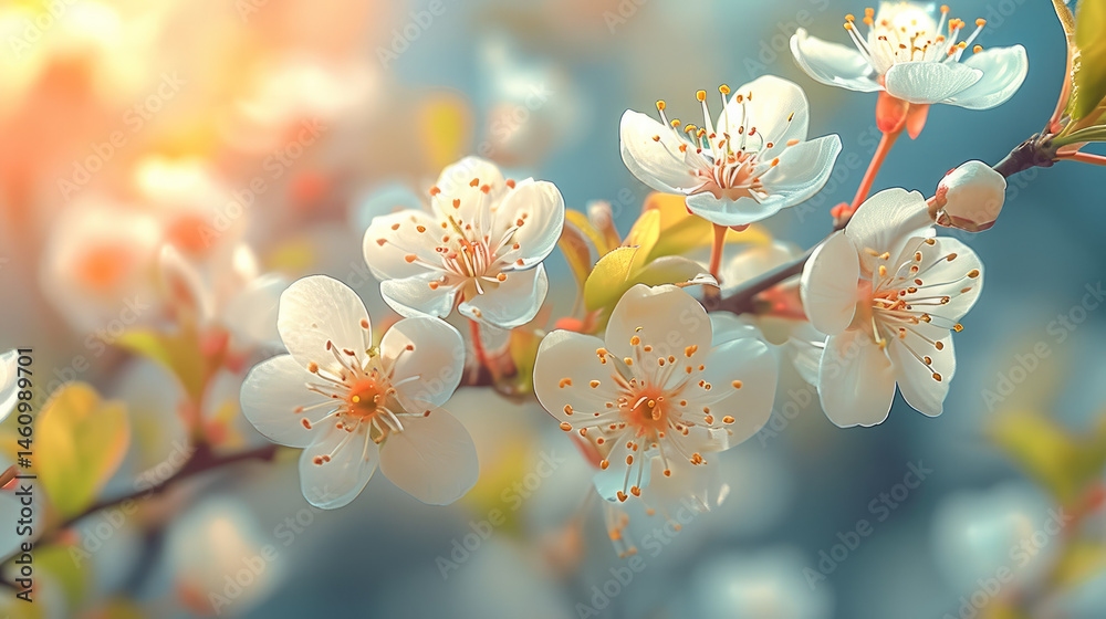 Aufkleber spring branch with white blossom, soft sunlight, and gentle bokeh background, creating peaceful and 