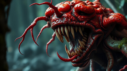 Evil red mutated fungus spore, monstrous sharp and dangerous teeth, nightmare swamp creature, deadly flesh eating parasite -