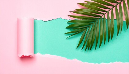 Palm tree against pastel pink torn paper and aquamarine green background. Summer holidays, beautiful exotic destinations.