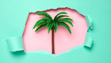 Palm tree against pastel pink torn paper and aquamarine green background. Summer holidays, beautiful exotic destinations.