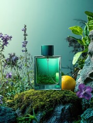 Perfume bottle amidst greenery and a lemon