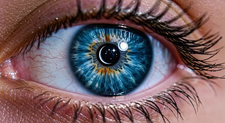 Close-up Human Eye with Blue Iris and Moon Symbol Reflection
