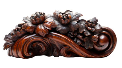 Detailed wood carving with floral motif, dark brown, carved, cut out transparent