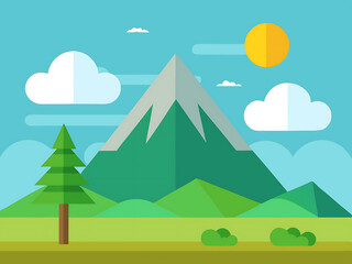 Fototapeta premium Flat and Minimal summer landscape background with mountain, tree, design 