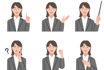 スーツ姿の女性が指示棒を持っているイラストセット