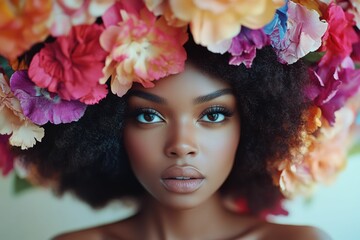 A Black woman becomes a living art form, her still expression and ornate headpiece reflecting quiet strength and conceptual beauty.