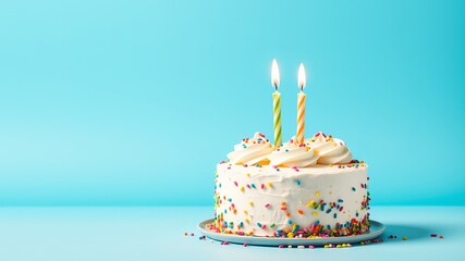 A delicious vanilla birthday cake with two lit candles sits on a plate against a bright blue background ready for a celebration.