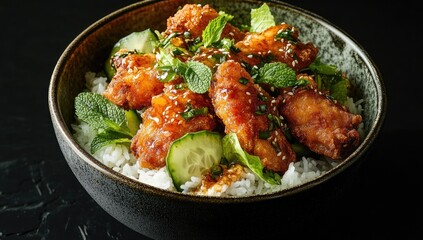 Crispy chicken, rice, and vegetables bowl