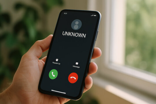 Close-up of a hand holding a smartphone displaying an incoming call from an unknown caller, symbolizing privacy issues, anonymous communication, and security concerns.