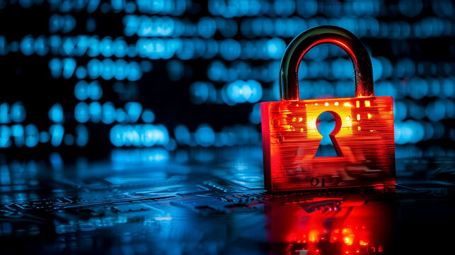 Glowing red padlock on dark digital interface symbolizing cryptocurrency security breach, blockchain technology concept for cyber security and data protection.