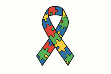 Simple and clear illustration of an autism awareness ribbon composed of colorful puzzle pieces on a plain white background, symbolizing support and unity for autistic individuals.