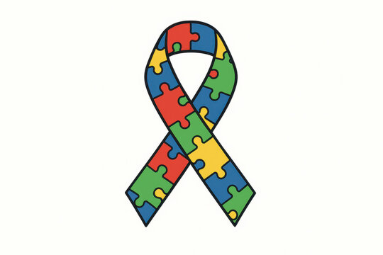 Simple and clear illustration of an autism awareness ribbon composed of colorful puzzle pieces on a plain white background, symbolizing support and unity for autistic individuals. - Powered by Adobe