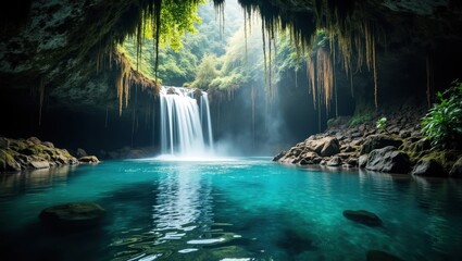 hidden waterfall deep inside a lush jungle cave