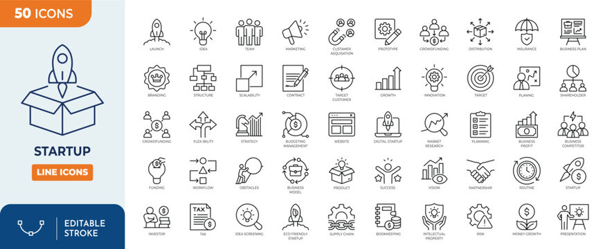 Startup icon set. Containing startup, innovation, business plan, investment, launch, funding, investor, entrepreneurship, and more. Outline Icon Collection. Editable stroke. Vector illustration	