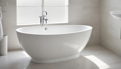 Fototapeta premium Elegant Freestanding White Bathtub with Chrome Fixtures