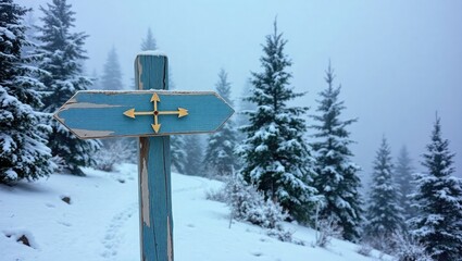 A weathered blue signpost with gold arrows in a snowy forest landscape on a foggy winter day scene