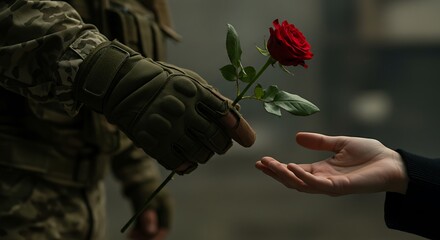 Soldier giving rose romance love military flower peace valentines day gift red flower hand gesture