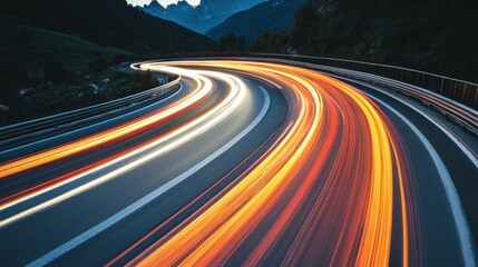 Winding highway at night, light trails