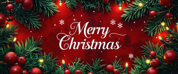 A festive Christmas background with a red textured center, framed by green pine branches, red berries, and glowing fairy lights. Snowflakes fall gently, with 'Merry Christmas' in elegant calligraphy.