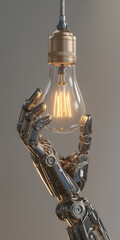 Robotic Hand Gracefully Holding a Glowing Light Bulb