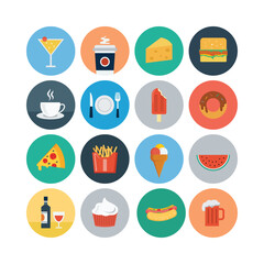 Fototapeta premium Food And Drink Icon Set Featuring Pizza,Coffee,Cocktail,Burger,Doughnut And Ice Cream