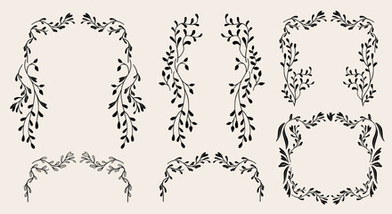 Art nouveau flower frame. Flower and leaf border, branch, wreath, garland decoration. Botanical vector illustration. Vintage antique classic floral graphic element.	