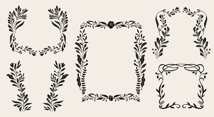 Art nouveau flower frame. Flower and leaf border, branch, wreath, garland decoration. Botanical vector illustration. Vintage antique classic floral graphic element.	