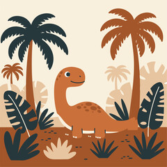 desaign Cute poster with the composition of little dinosaur, palms, leafs vector