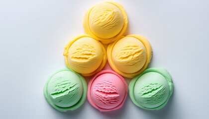 Obraz premium Colorful ice cream scoops arranged in a pyramid shape on a white background showcasing vibrant flavors and textures