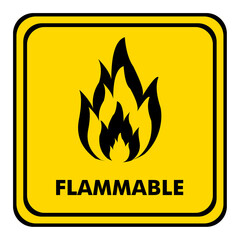 flammable warning sign on a yellow square board. fire danger sign. sign with text.