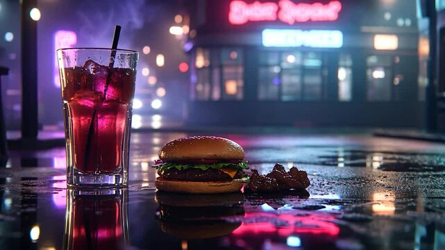 Nighttime street food and drink in rain