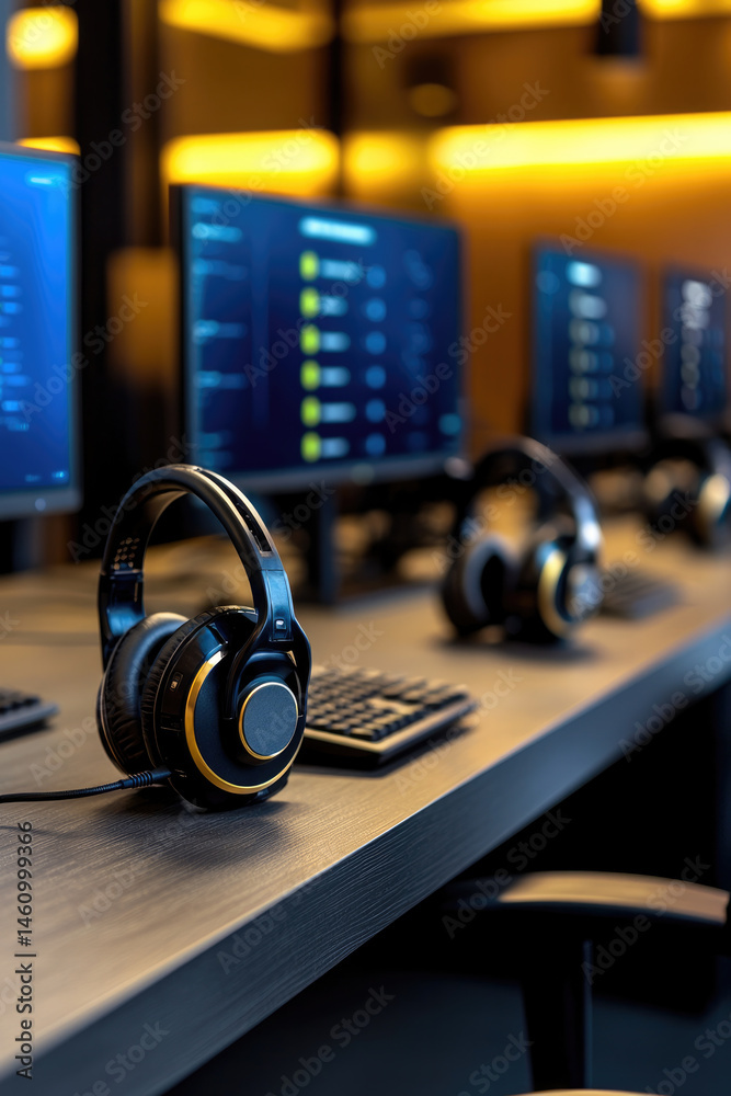 Fototapete Headset, keyboard, and monitor on modern desk in call center with warm lighting, creating focused and professional atmosphere for communication and teamwork