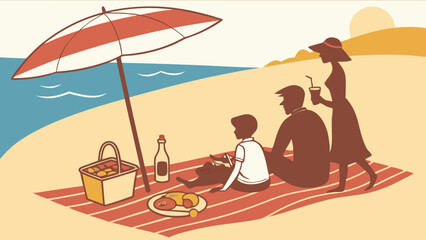 Fototapeta premium Illustrated Family Enjoying Summer Beach Picnic with Umbrella Basket and Ocean View in Retro Style