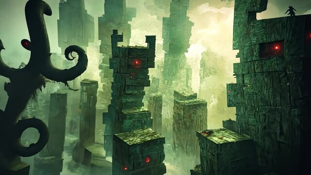 Ancient, fog-shrouded, blocky city, lurking creatures