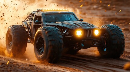 Off-road vehicle in action.  Powerful RC car navigating sandy terrain, kicking up dust