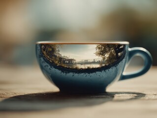 Reflective cup showcasing a tranquil park scene.