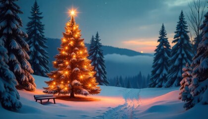 Magical Christmas Tree in Snowy Winter Wonderland Landscape